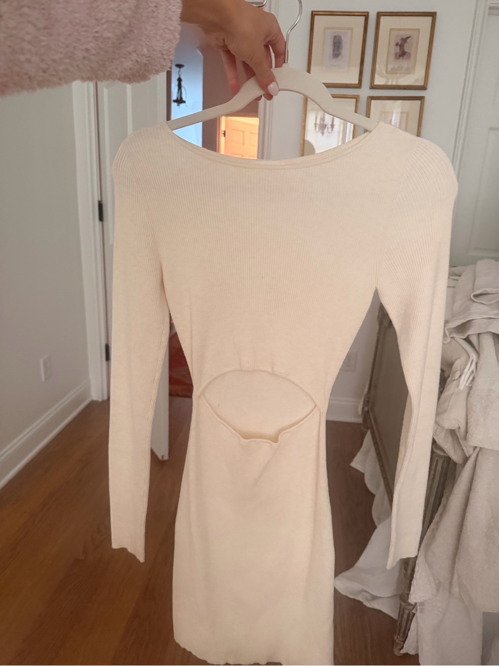 Cream Long-Sleeve Cutout Knit Dress